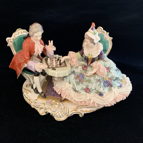 Dresden Volkstedt Porcelain Lace Couple Playing Chess 10" Wide Antique Victorian - Picture 2 of 16